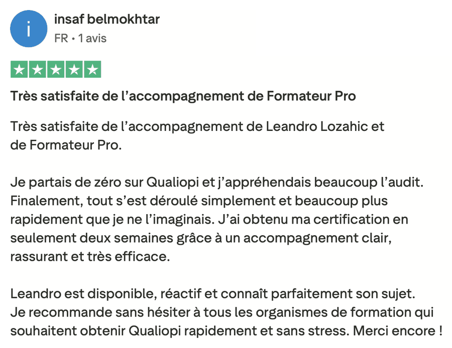Avis Trustpilot vérifié — Insaf, certification Qualiopi obtenue en 2 semaines
